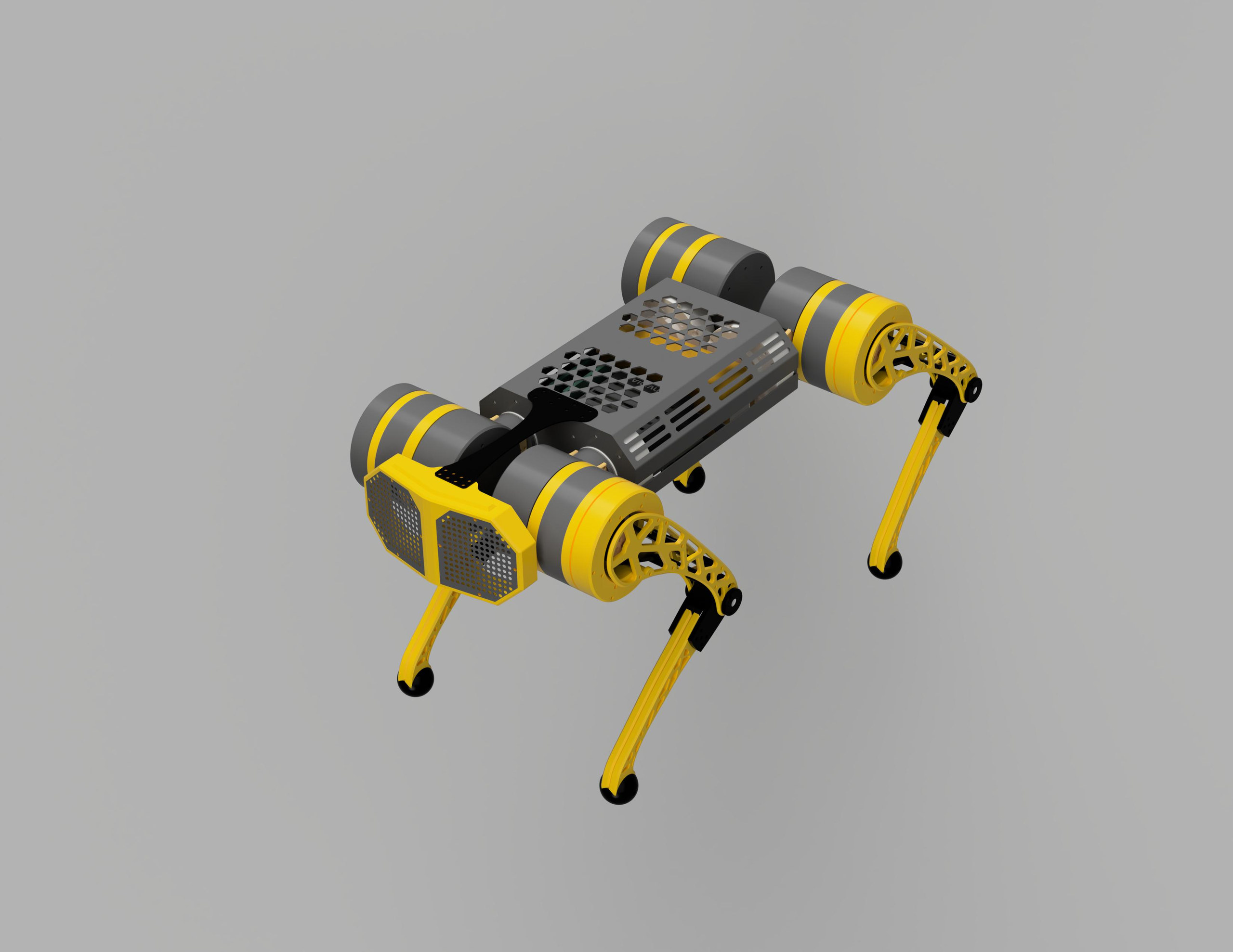 A rendered black and yellow four-legged robot with a perforated body