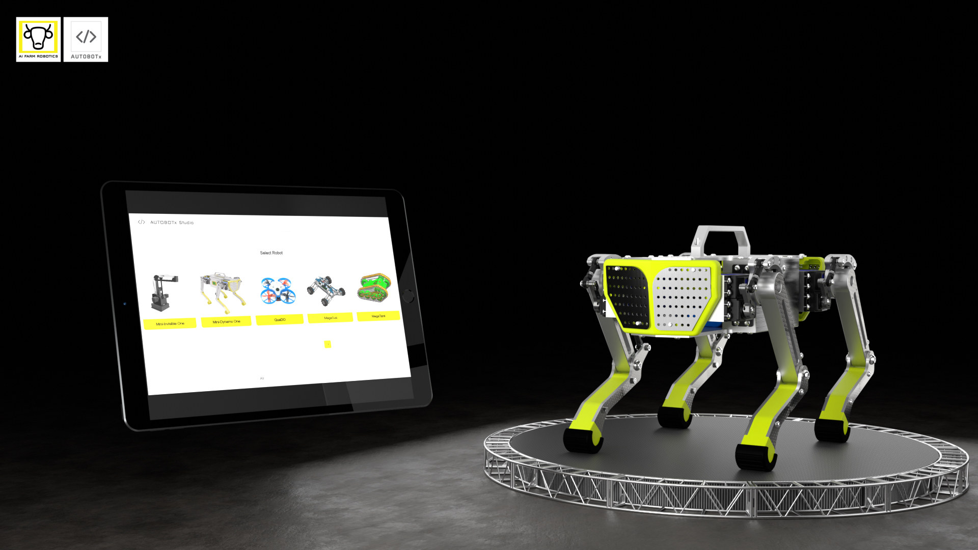A yellow and gray four-legged robot displayed beside a tablet showing robot illustrations