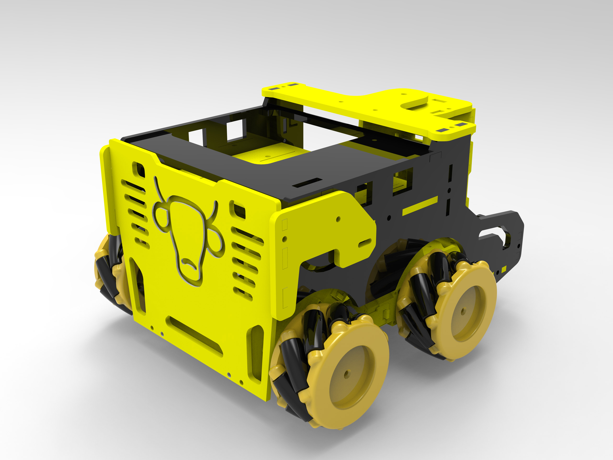 A rear angled render of a yellow and black chassis with four mecanum wheels