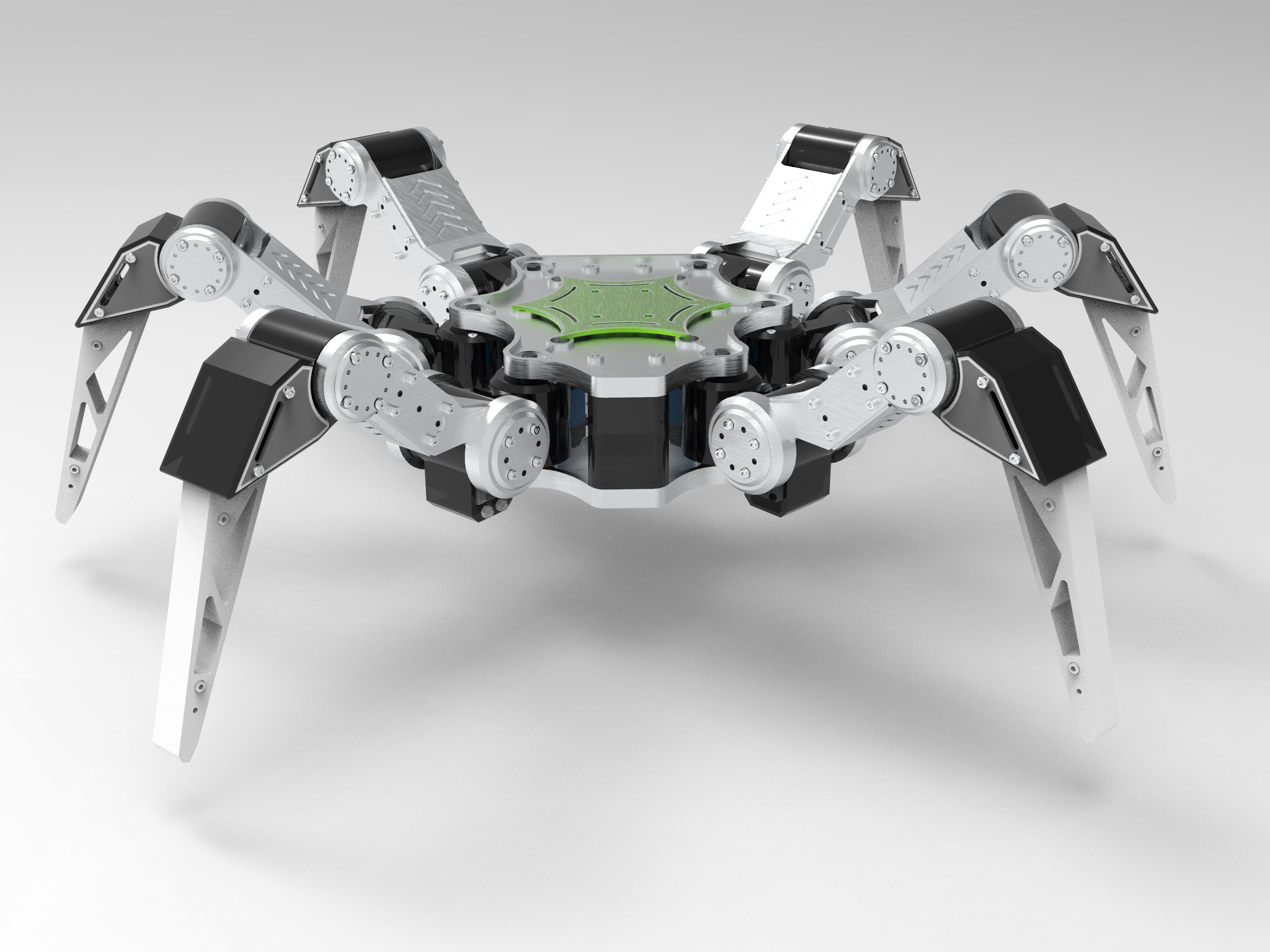 A rendered spider-style robot with six articulated legs around a green central body