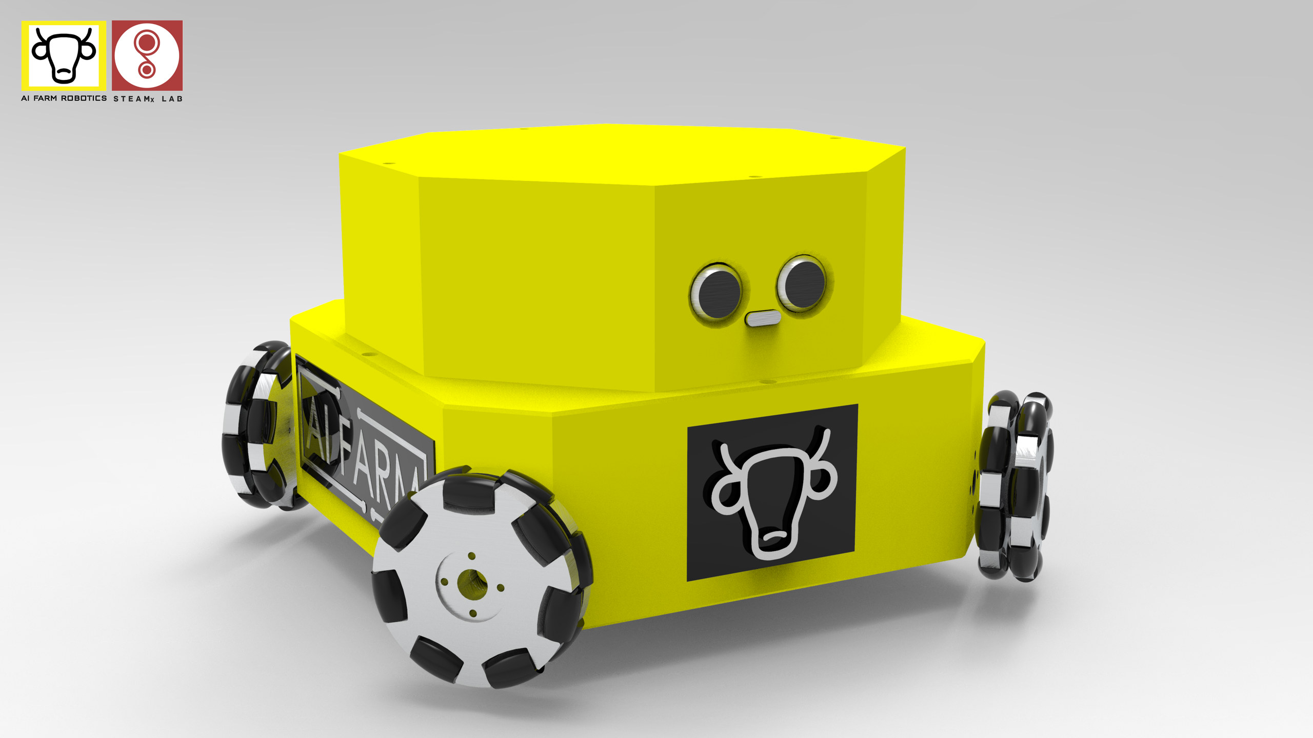 A rendered yellow cylindrical robot with two front sensors and four roller wheels