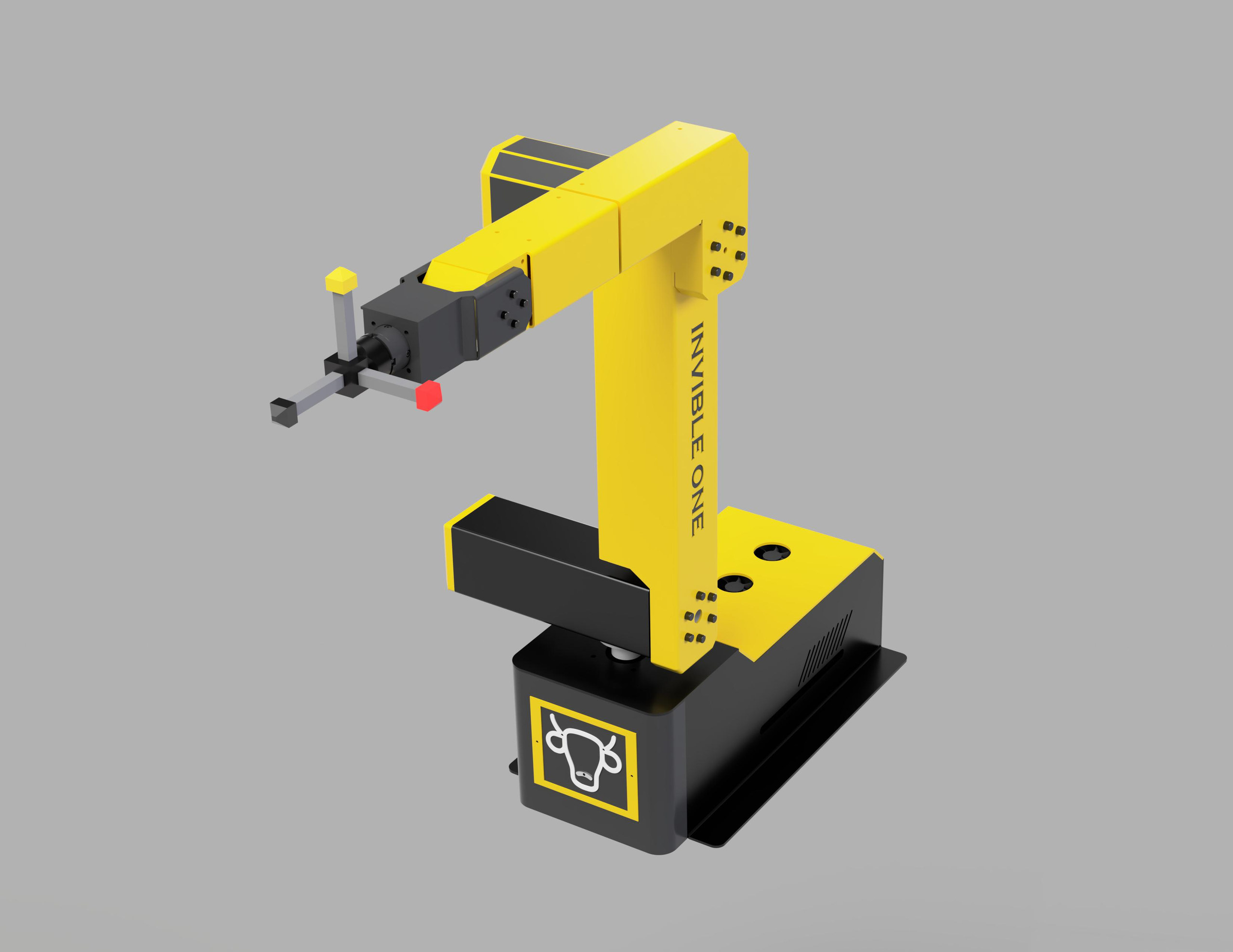 A rendered yellow robotic arm with a small gripper mounted on a black base